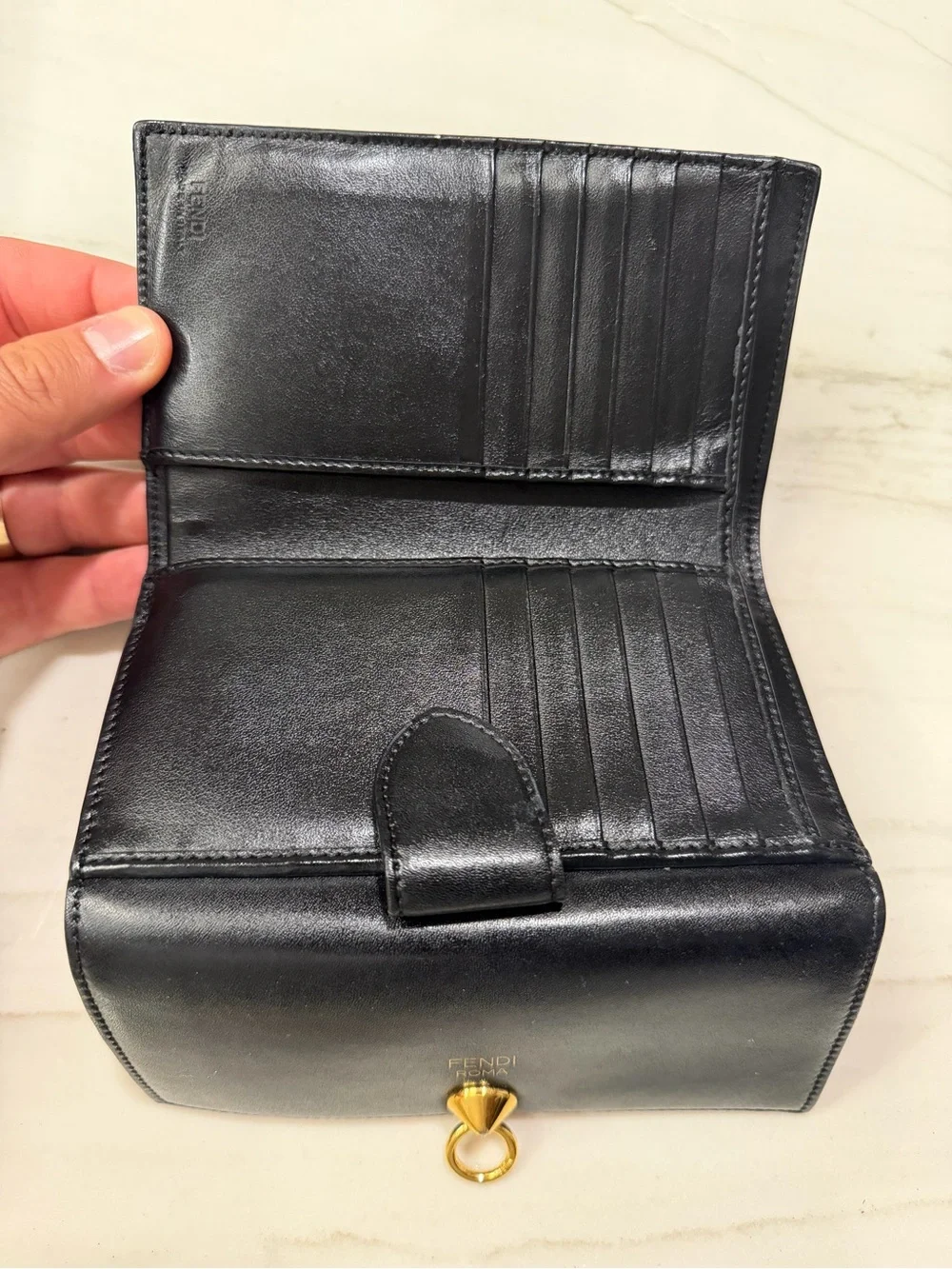 Fendi Black Leather Wallet with Gold Ring Accent